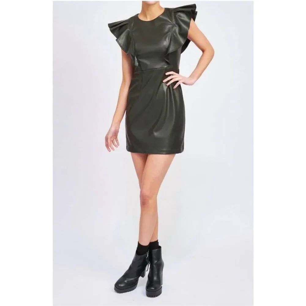 En Saison Layne Faux Leather Minidress Sz S Olive black